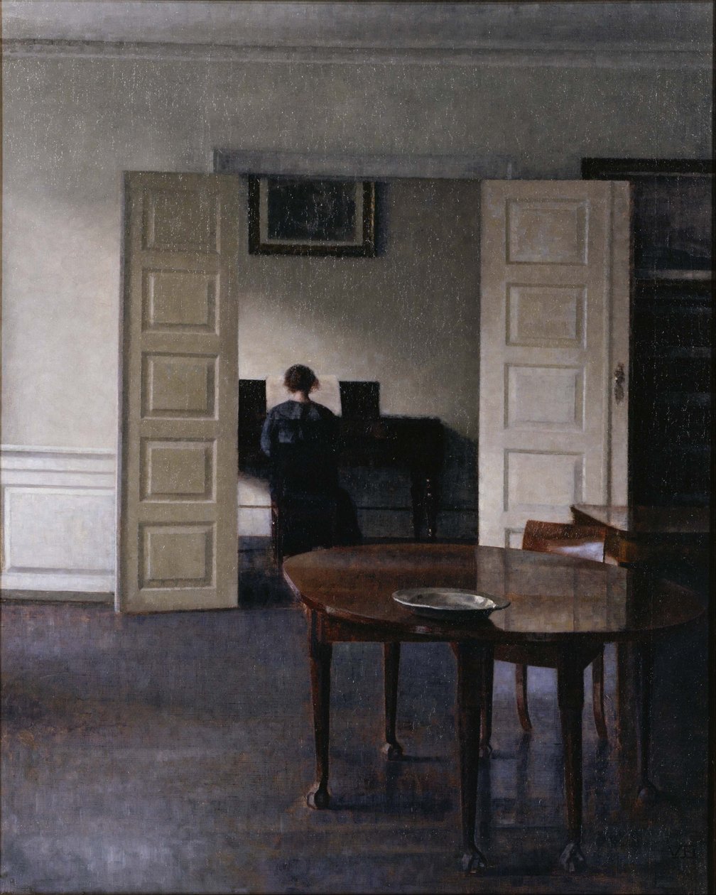 Interiør med Ida, der spiller klaver af Vilhelm Hammershøi
