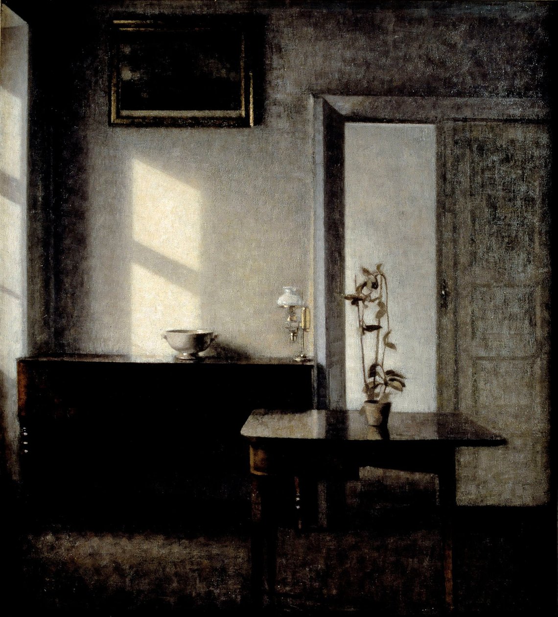 Interiør med potteplante på kartonbord, 1910-1911 af Vilhelm Hammershøi