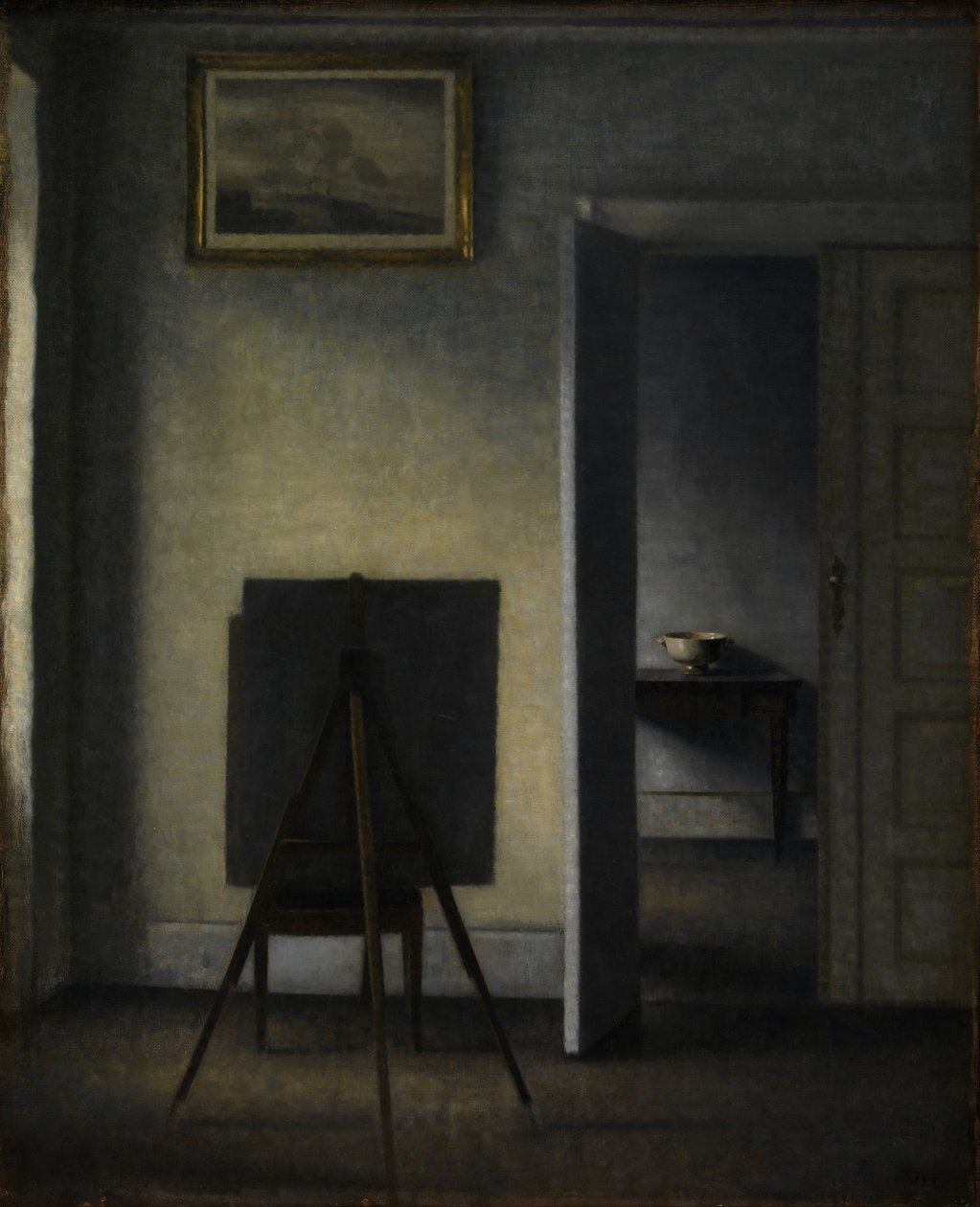 Interiør med kunstnerens staffeli, 1910. af Vilhelm Hammershøi