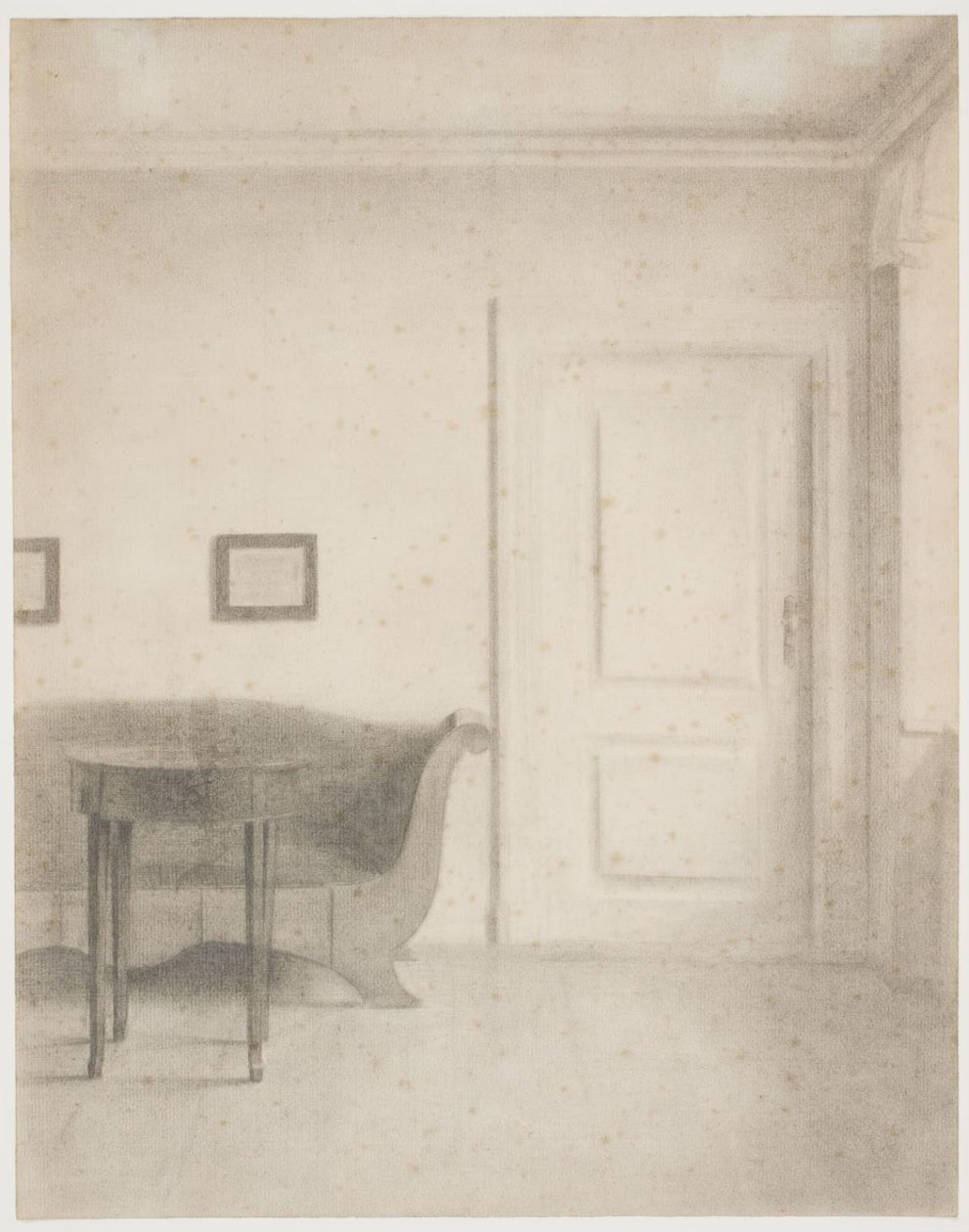 Interiør med sofa og lille bord, t.h. en dør af Vilhelm Hammershøi