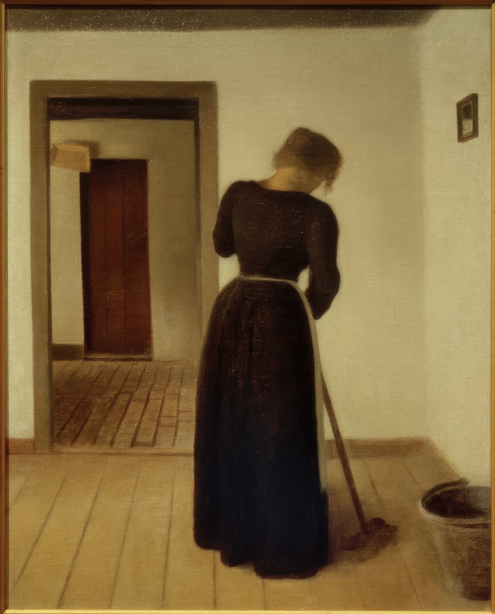Interiør med en ung kvinde, der fejer af Vilhelm Hammershoi