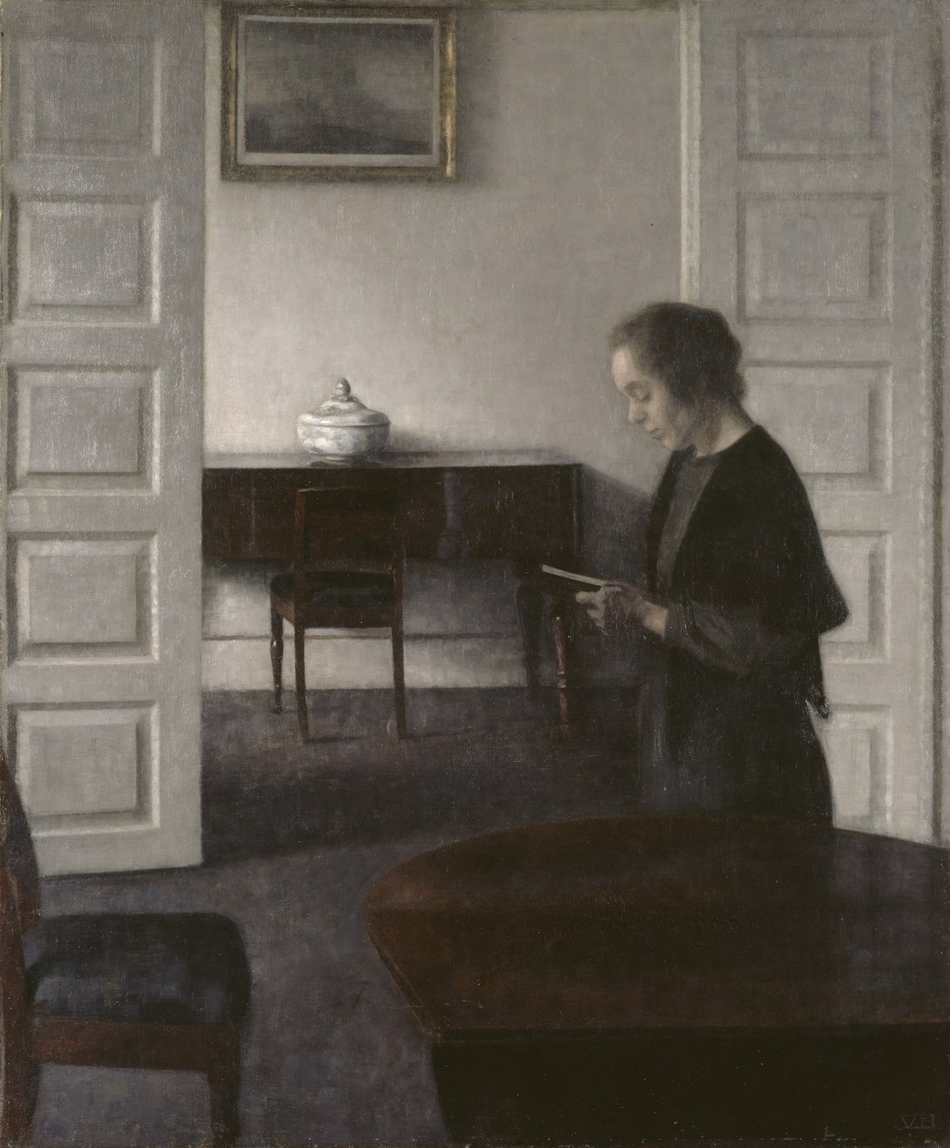 Interiør med en damelæsning, ca. 1900 (olie på lærred) af Vilhelm Hammershoi