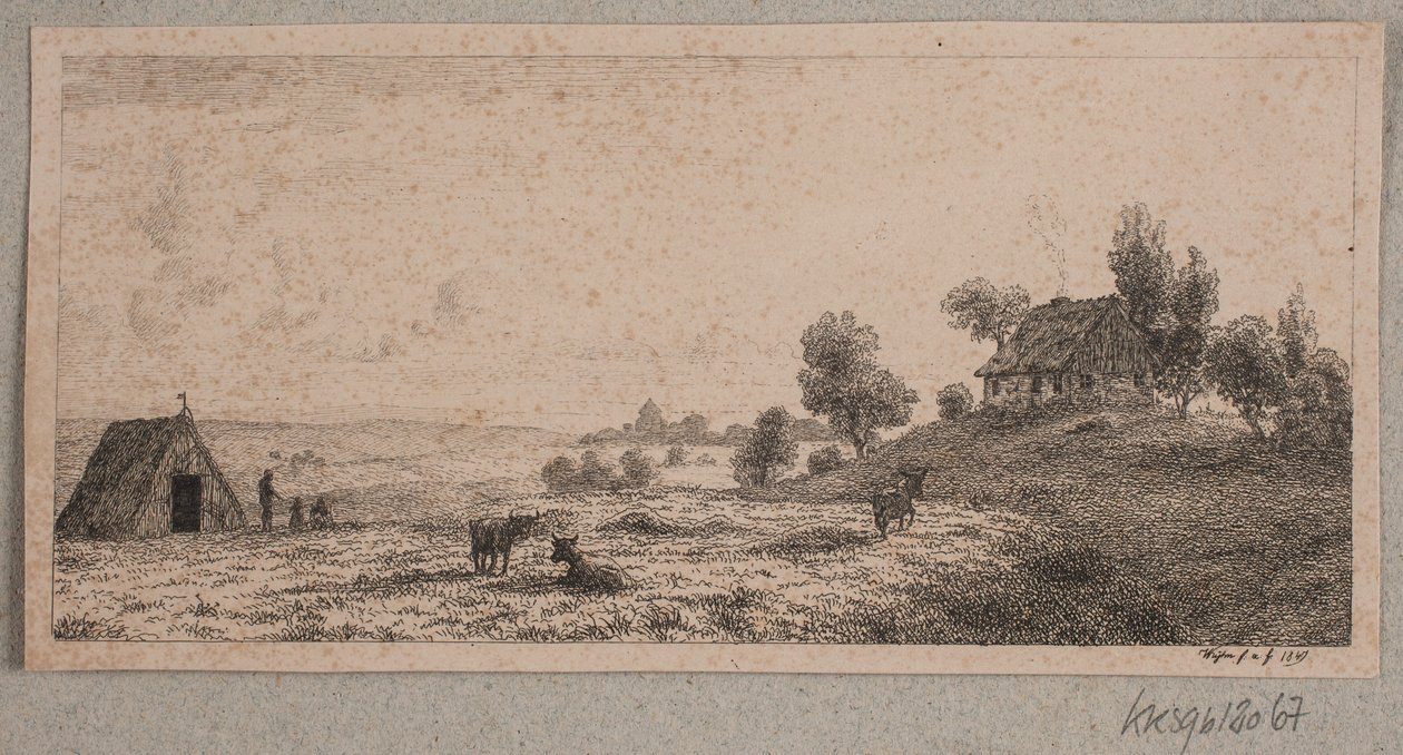 Landskab med et bondehus og en hytte af Vilhelm Kyhn
