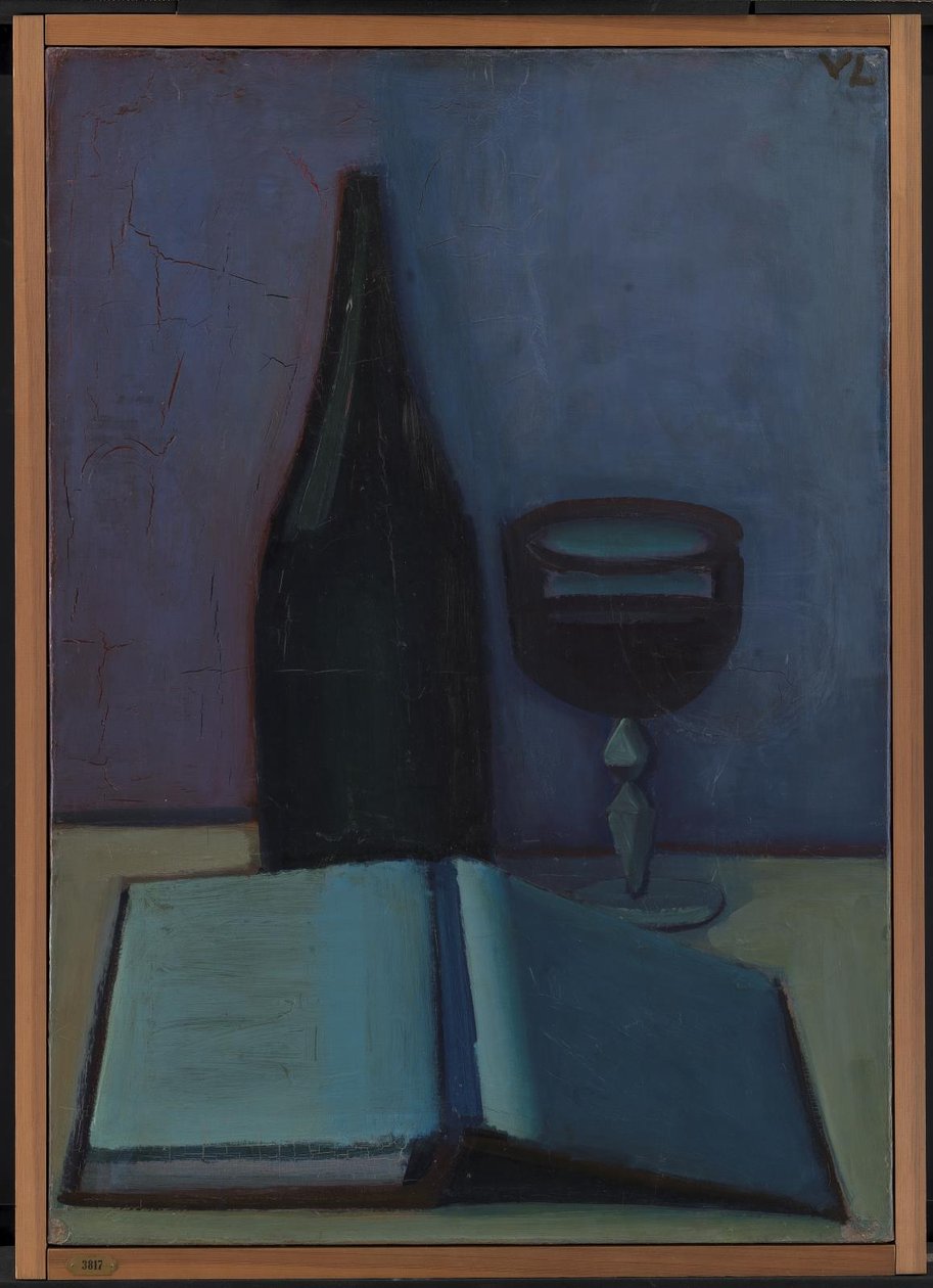 Stilleben med en bog, et glas og en flaske af Vilhelm Lundstrøm