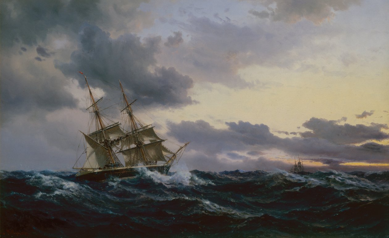 Sejlskibe i et stormfuldt hav af Vilhelm Melbye