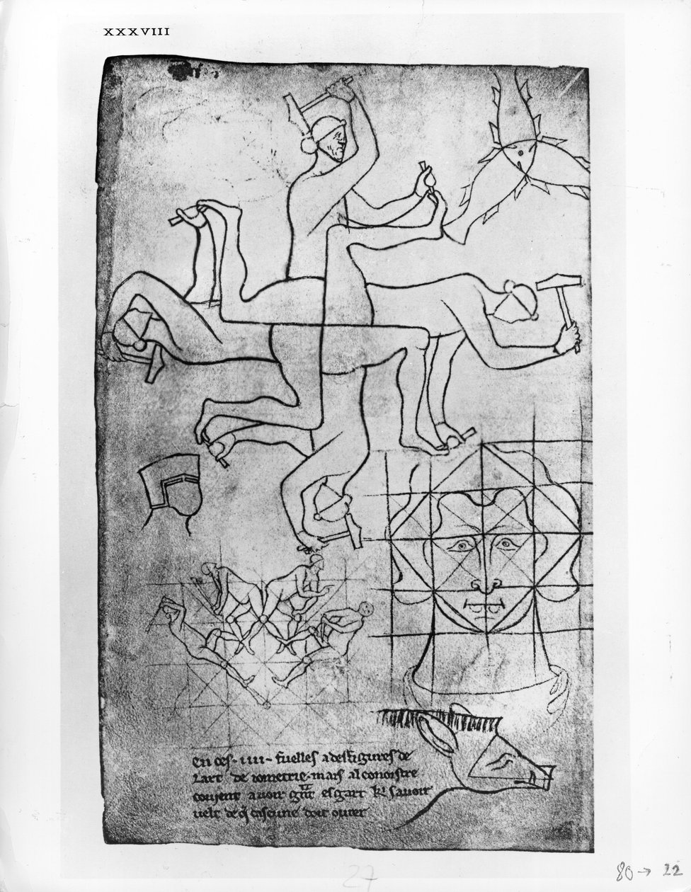 Faksimilekopi af Fru Fr 19093 fol.19v Studier af mennesker og dyr af Villard de Honnecourt