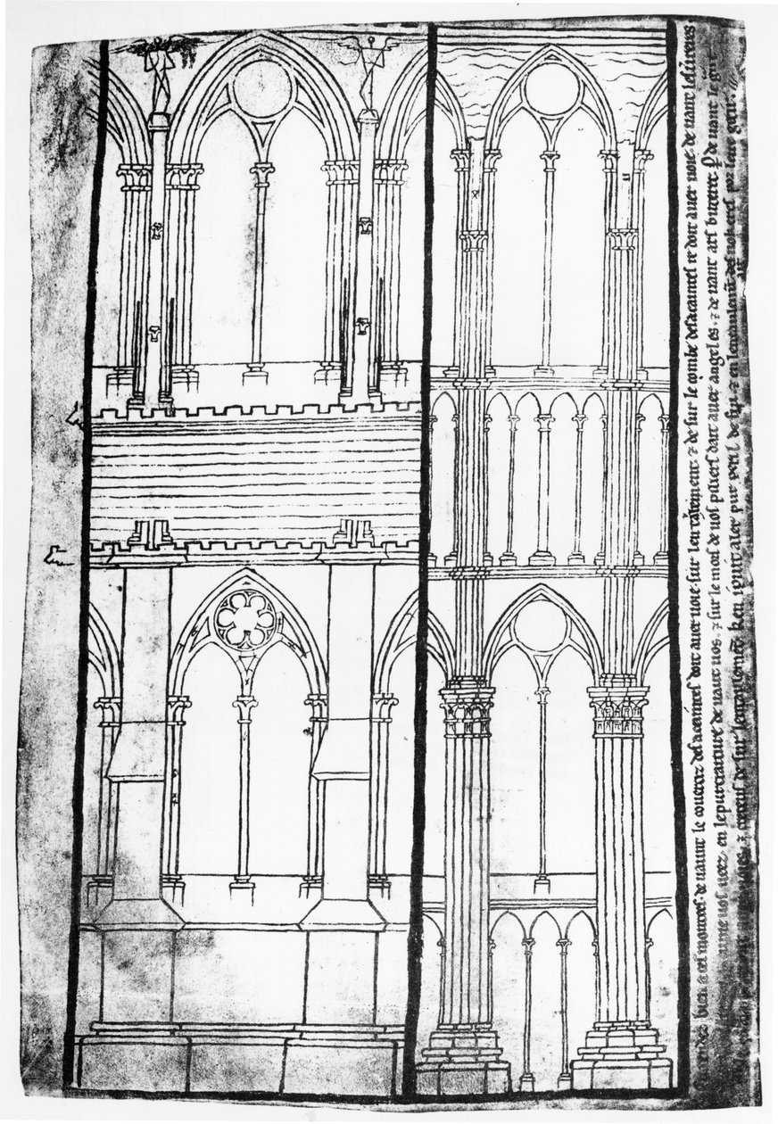 Faksimilekopi af fru Fr 19093 fol.31v Eksteriør og indvendig forhøjning af sidevæggene i Reims katedral af Villard de Honnecourt