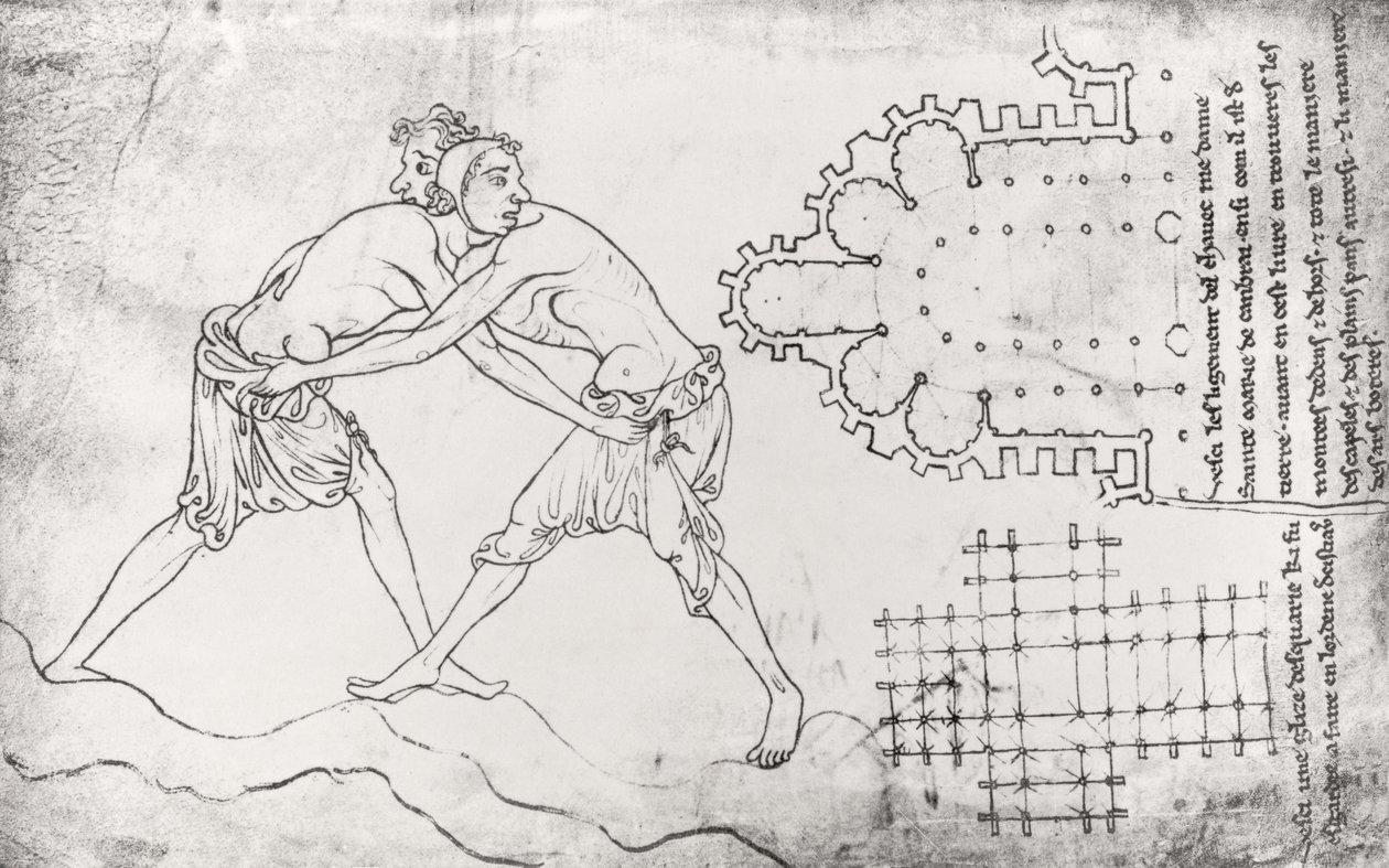 Ms.Fr.19093 fol.14v To wrestlere, plan af en cistercienserkirke og plan for koret i Notre-Dame de Cambrai (faksimilekopi) af Villard de Honnecourt