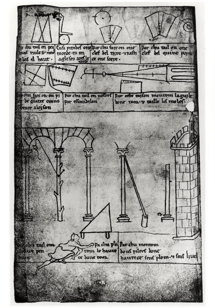 Ms.Fr.19093 fol.20v Geometriske figurer til konstruktion, buer og mand, der måler højden af et tårn (faksimilekopi) af Villard de Honnecourt