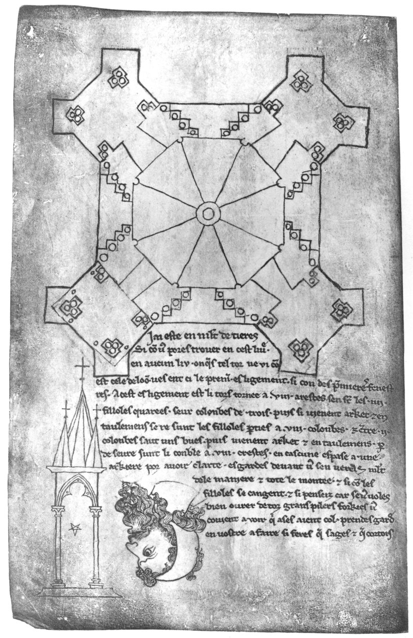 Ms 19093 fol.9v Faksimile kopi af en plan af Laon-katedralens tårn, hovedet af en skægget mand og et gotisk vindue af Villard de Honnecourt