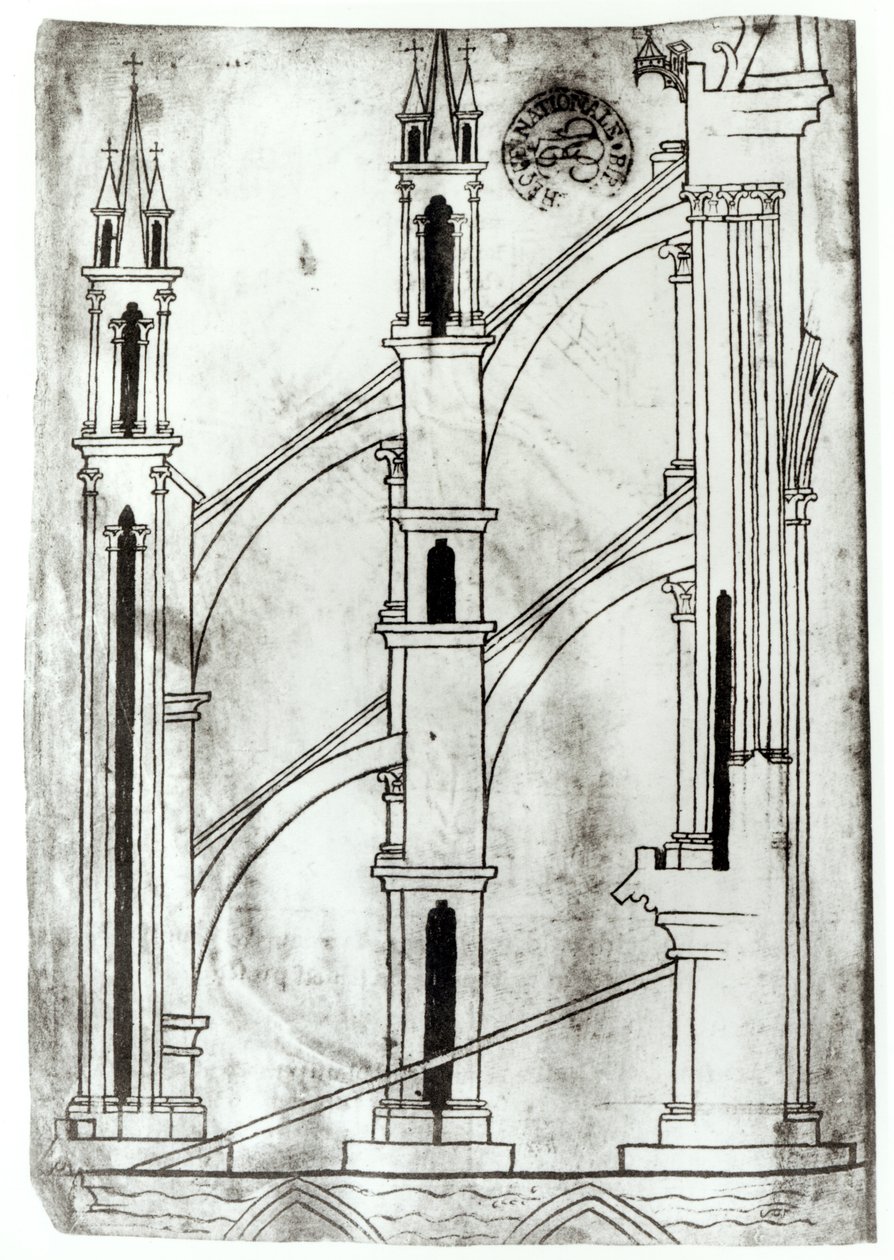 Fr 19093 f.32v Udsnit af muren og buen af de absidiale kapeller i Reims katedral (faksimilekopi) af Villard de Honnecourt