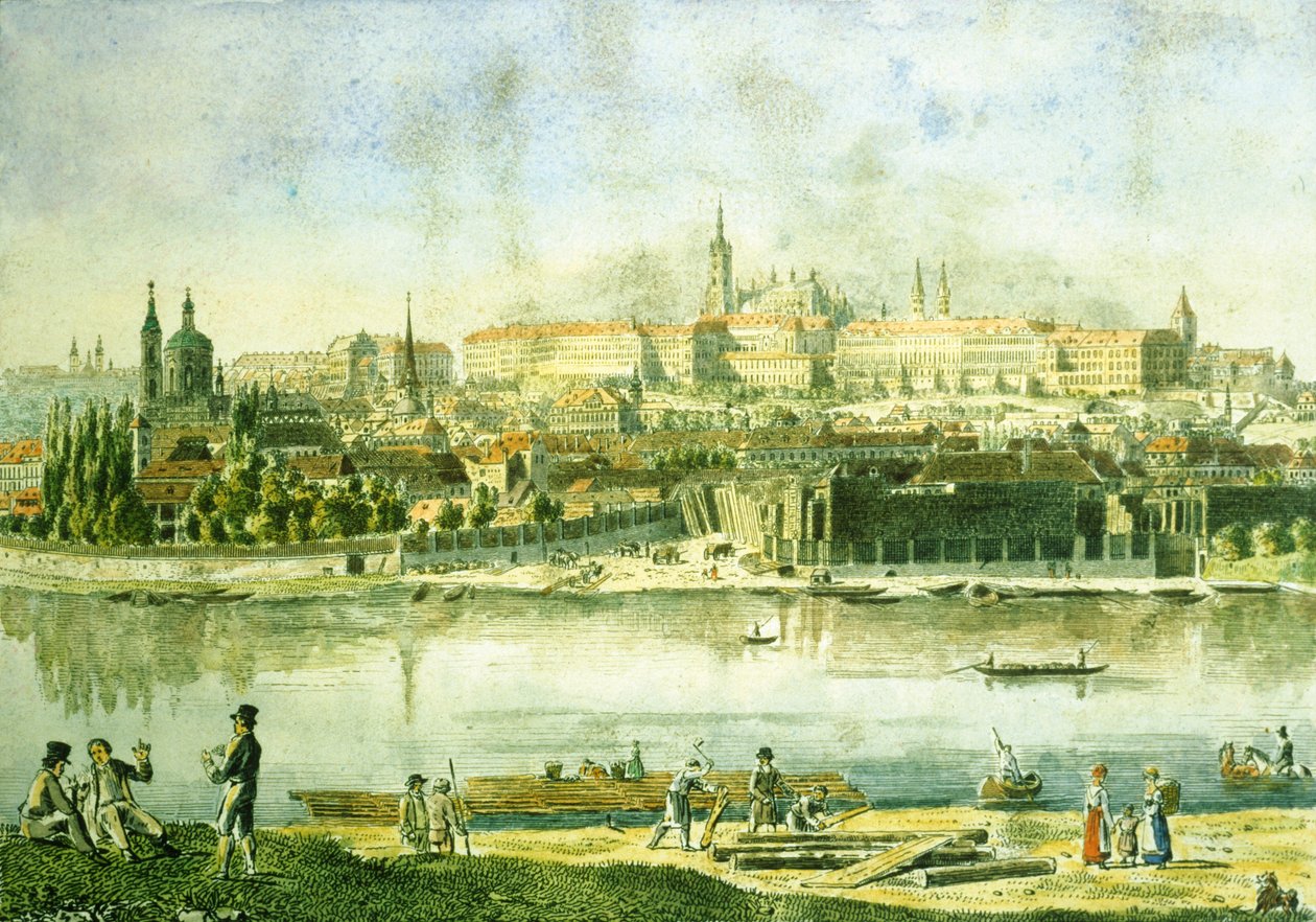 Prags borg og en del af det lille kvarter, 1825 (farvet radering) af Vincenc Morstadt