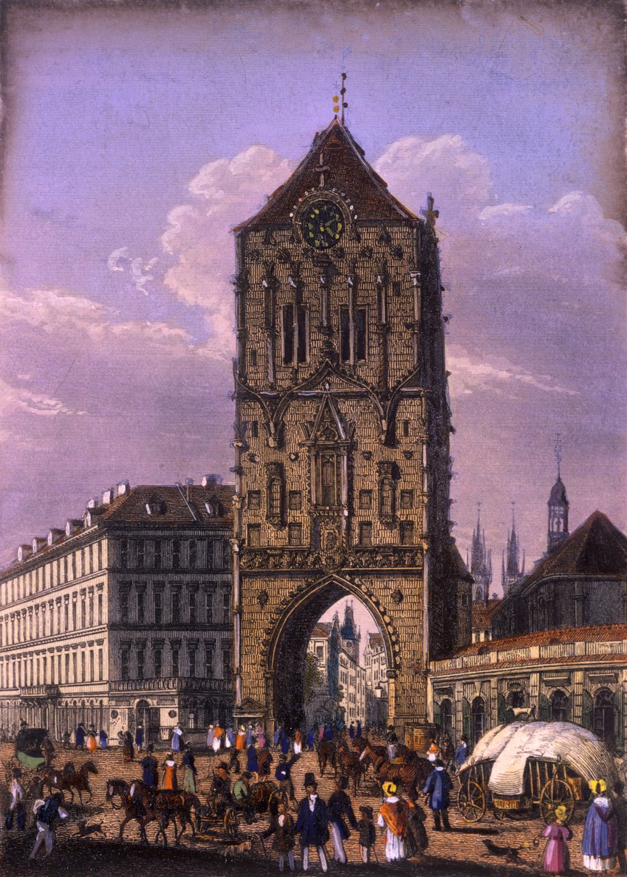 Krudttårnet, Prag, ca. 1840 (farvet stålgravering) af Vincenc Morstadt