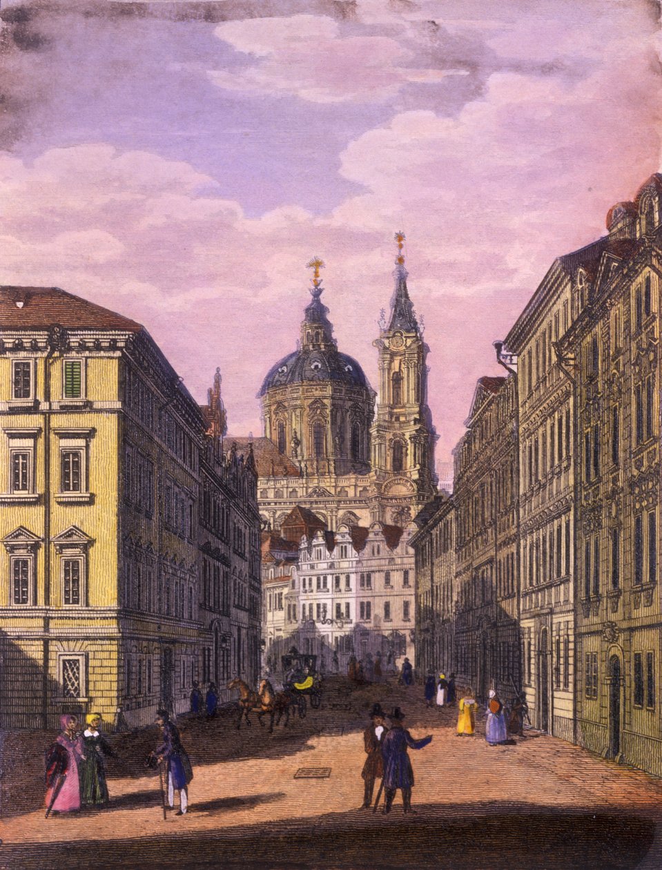 Sankt Nikolaus kirke i det lille kvarter, Prag, 1847 (farvet stålgravering) af Vincenc and Geissler, F. Morstadt