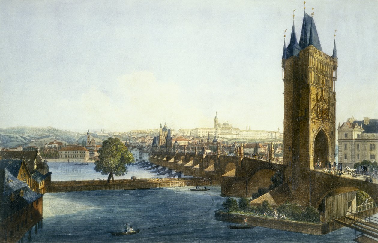 Udsigt over Prags borg og det lille kvarter fra sydvest, 1836 (farvet akvatint) af Vincenc and Richter, Carl August Morstadt
