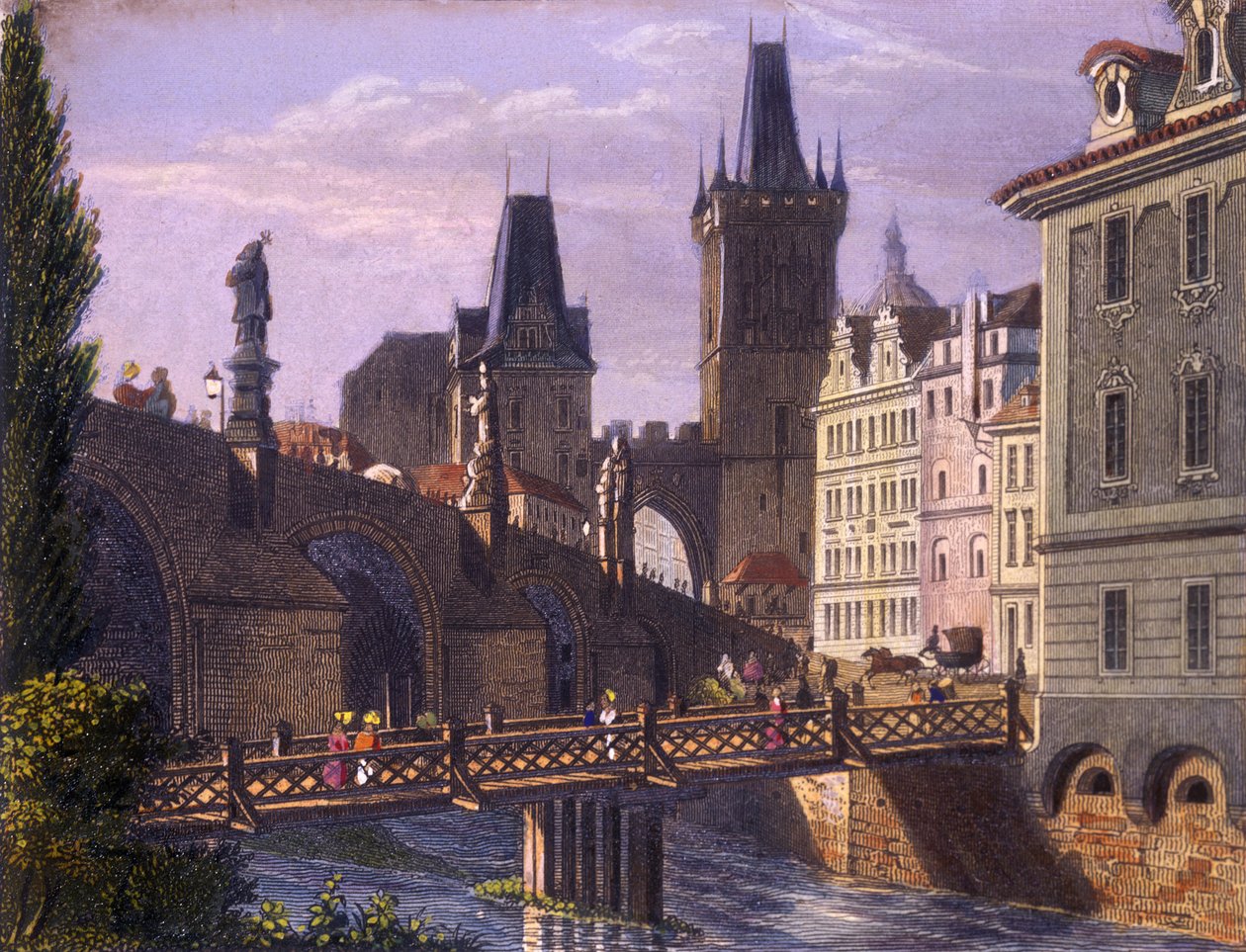 Little Quarter Bridge Towers, 1847 (farvet stålgravering) af Vincenc Morstadt