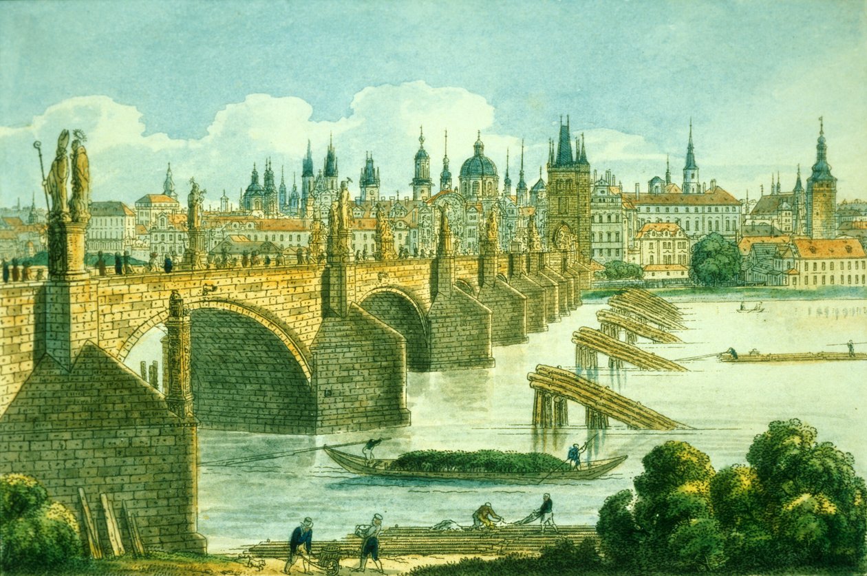 Prags gamle bydel fra Kampa Island, ca. 1830 (farvet radering) af Vincenc Morstadt