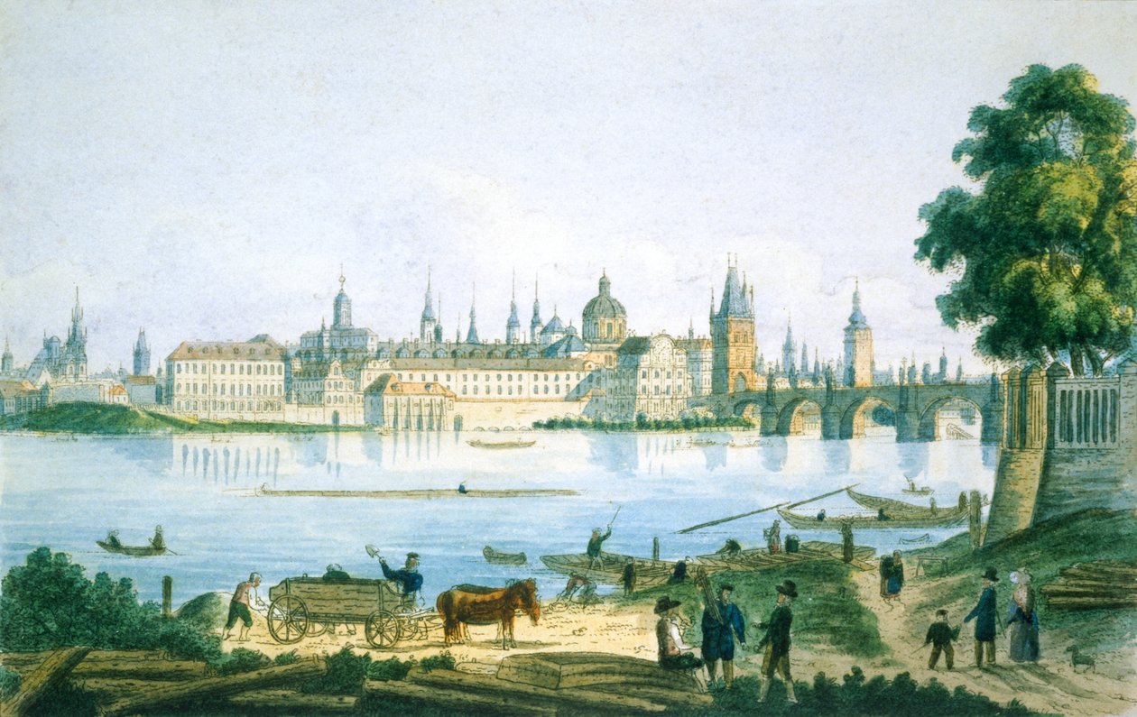 Udsigt over Prag fra det lille kvarter, 1830 (farvet radering) af Vincenc Morstadt