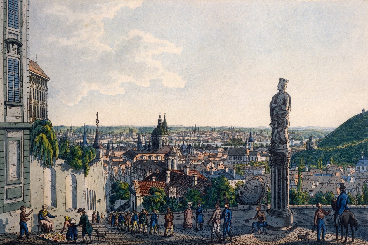 Udsigt over Prag fra New Castle Steps, 1835 (farvet radering) af Vincenc Morstadt