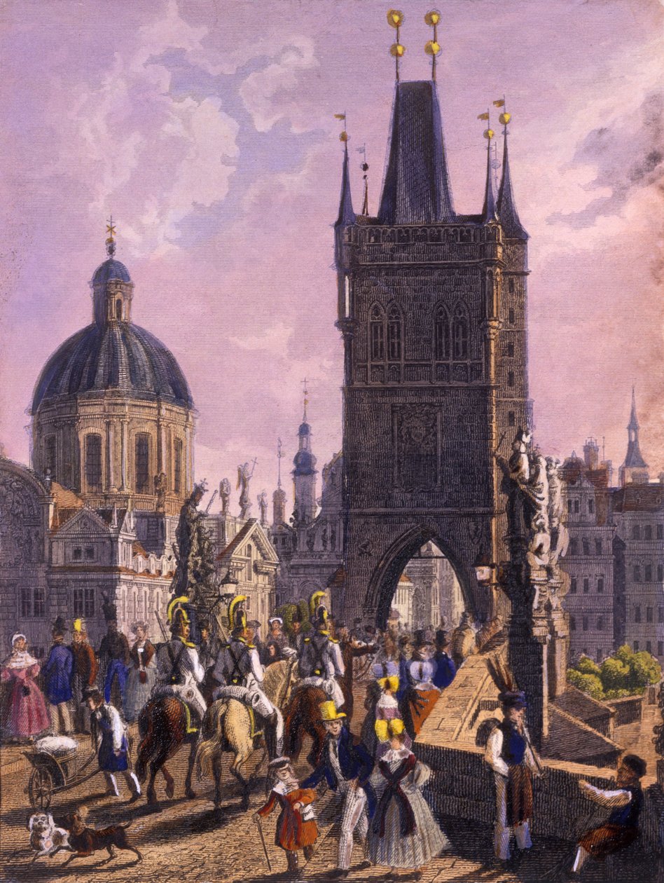 Udsigt over Old Town Bridge Tower fra Karlsbroen, 1847 (farvet stålgravering) af Vincenc Morstadt