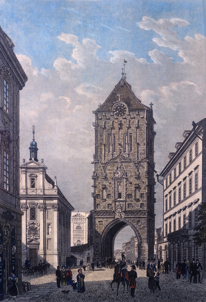 Udsigt over Krudttårnet fra Vesten, indgraveret af V. Merklas, 1835 (farvet stålstik) af Vincenc Morstadt
