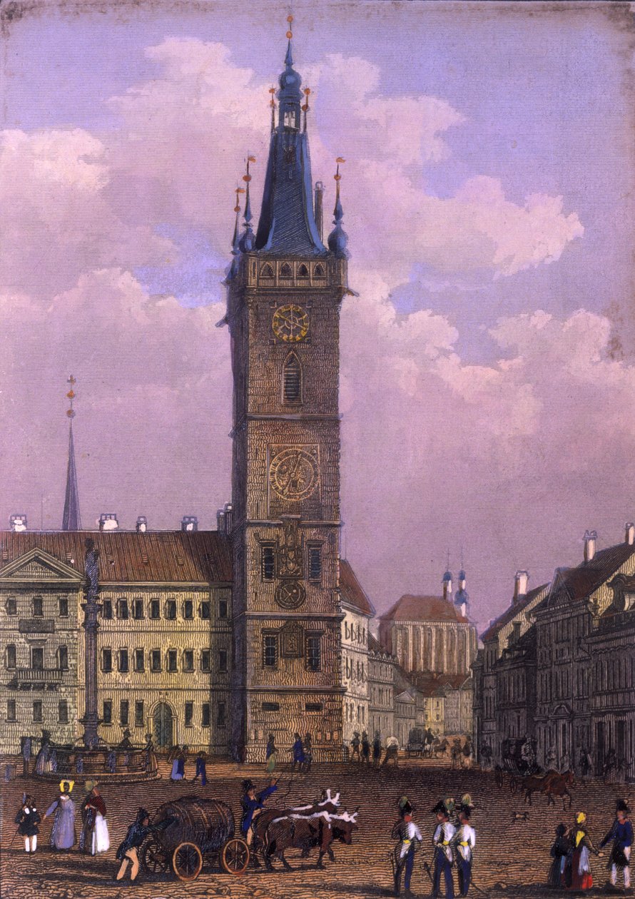 Nyt rådhus, Prag, 1847 (farvet stålgravering) af Vincenc Morstadt