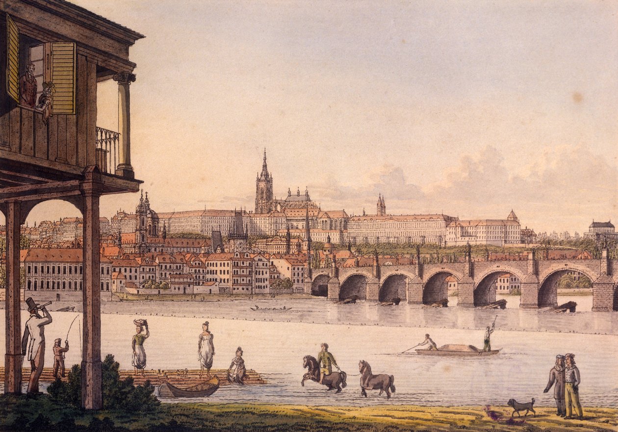Udsigt over det lille kvarter og Prags borg Hradcany fra Papoueks bad, 1825 (farvet radering) af Vincenc Morstadt