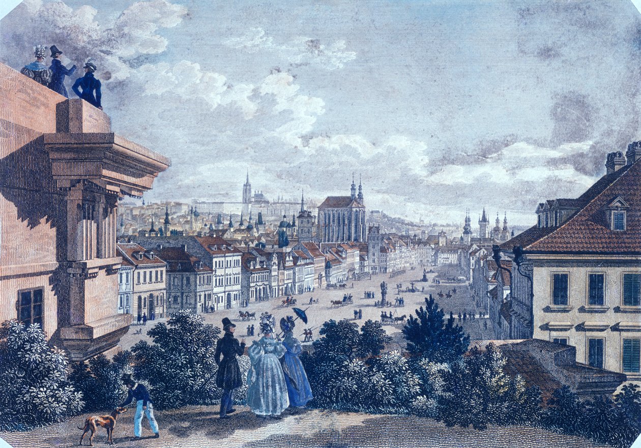 Hestemarked på Wenzelspladsen, Prag, 1835 (farvet stålgravering) af Vincenc and Geissler, F. Morstadt
