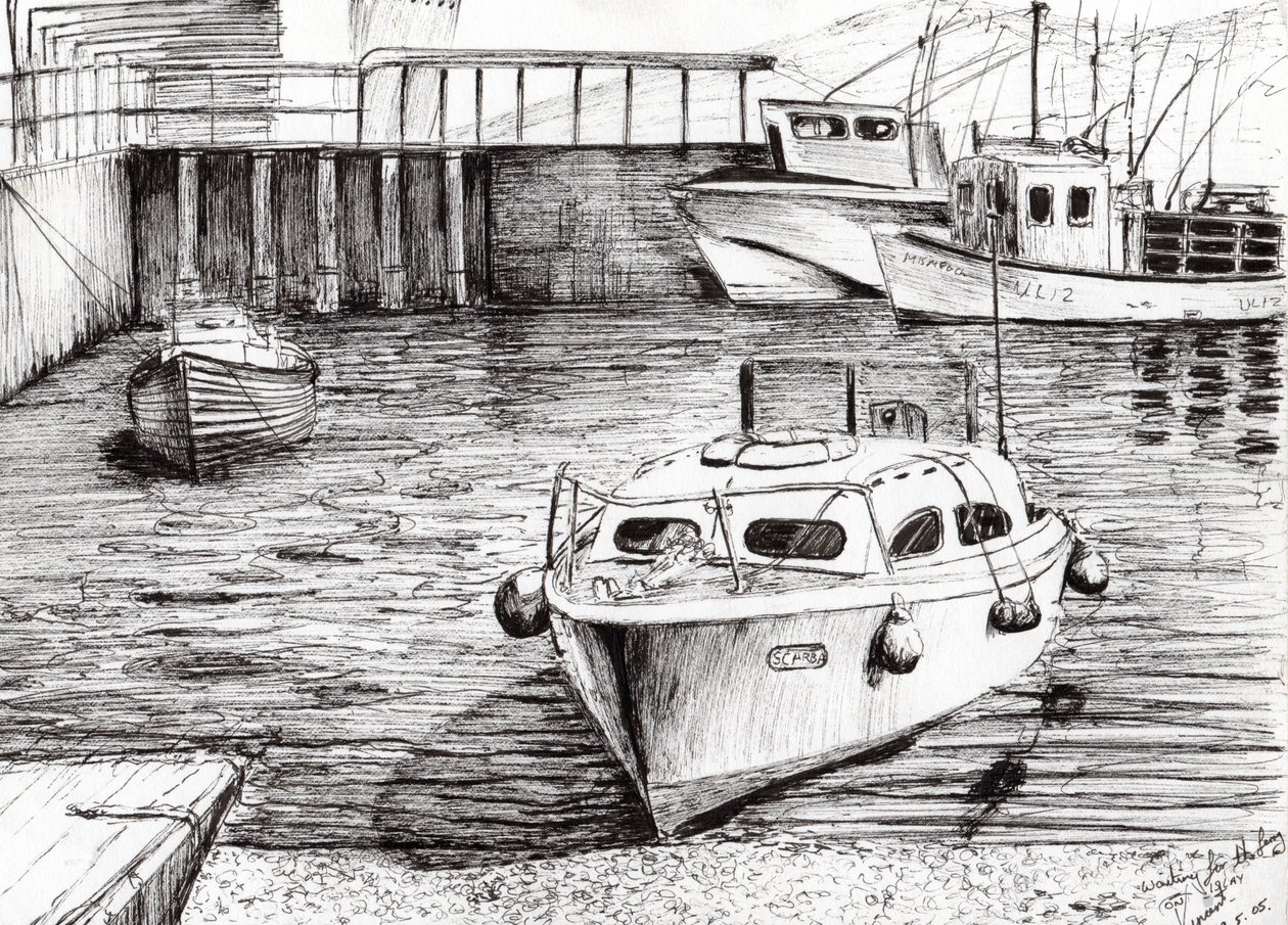 Boats at Islay Scotland, 2005, (blæk på papir) af Vincent Alexander Booth