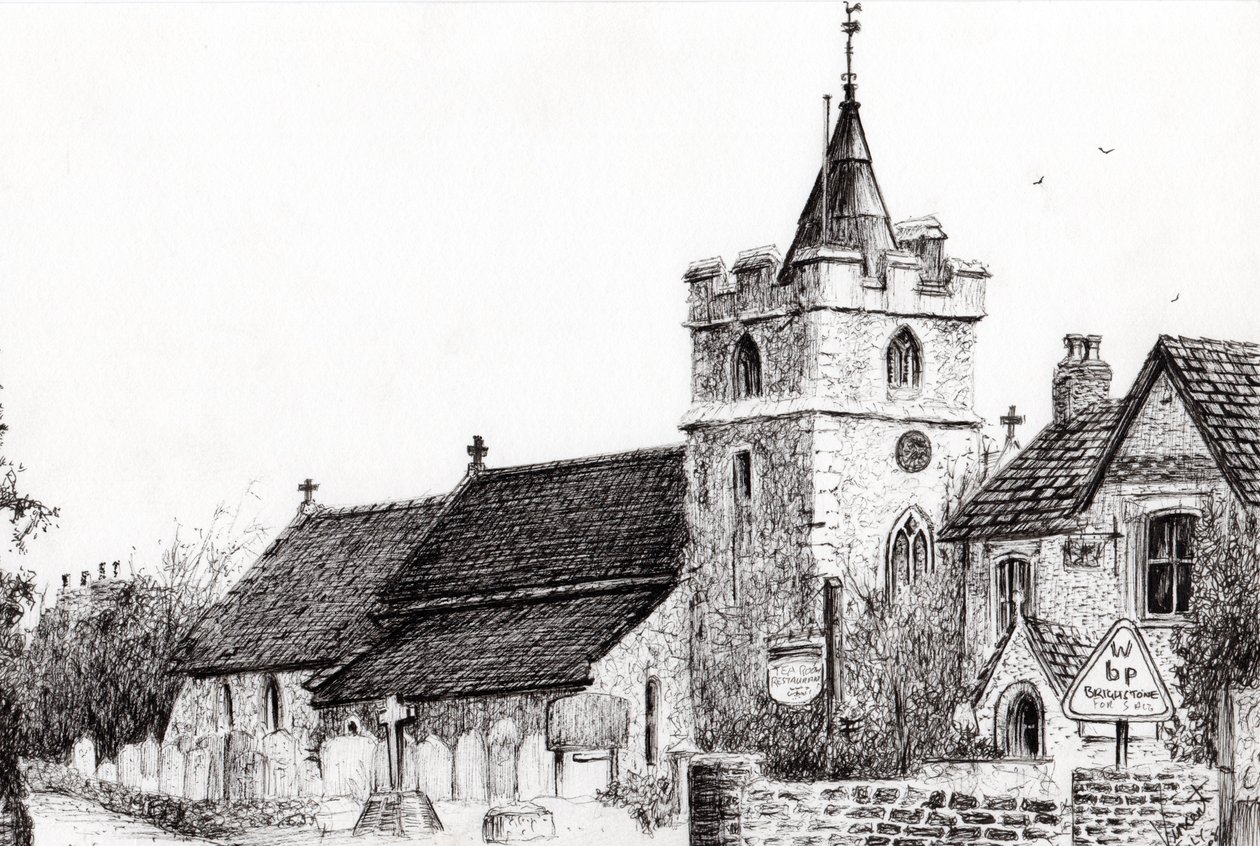 Brighstone Church I.O.W., 2008, (blæk på papir) af Vincent Alexander Booth