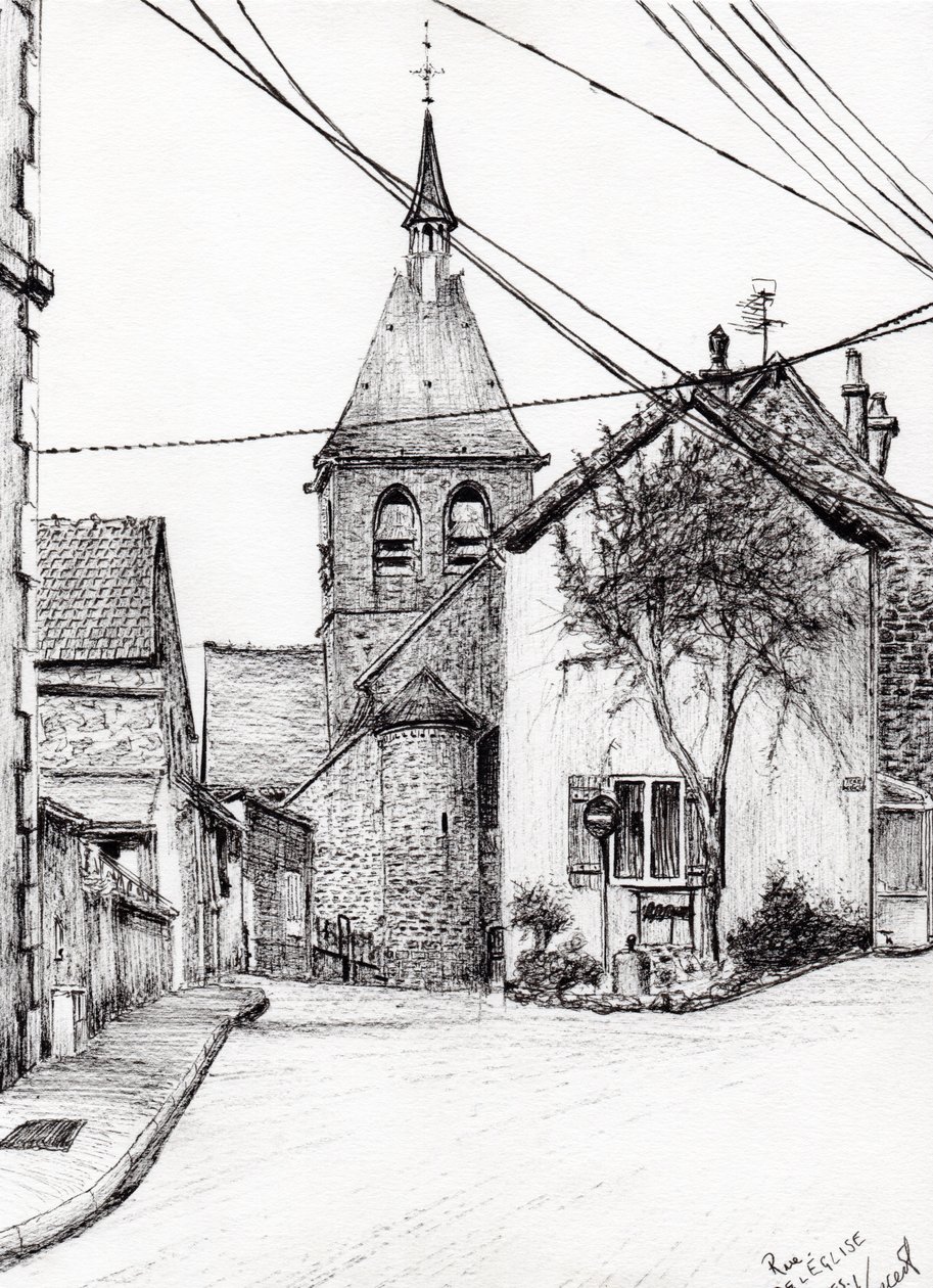 Kirke i Laignes Frankrig, 2007, (blæk på papir) af Vincent Alexander Booth