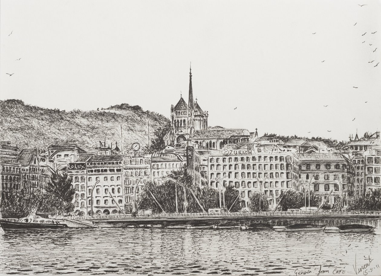 Byen Geneve, 2011, (blæk på papir) af Vincent Alexander Booth