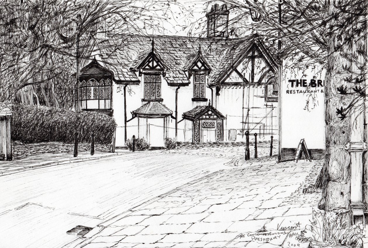 Fordømt bygning Prestbury, 2009, (blæk på papir) af Vincent Alexander Booth