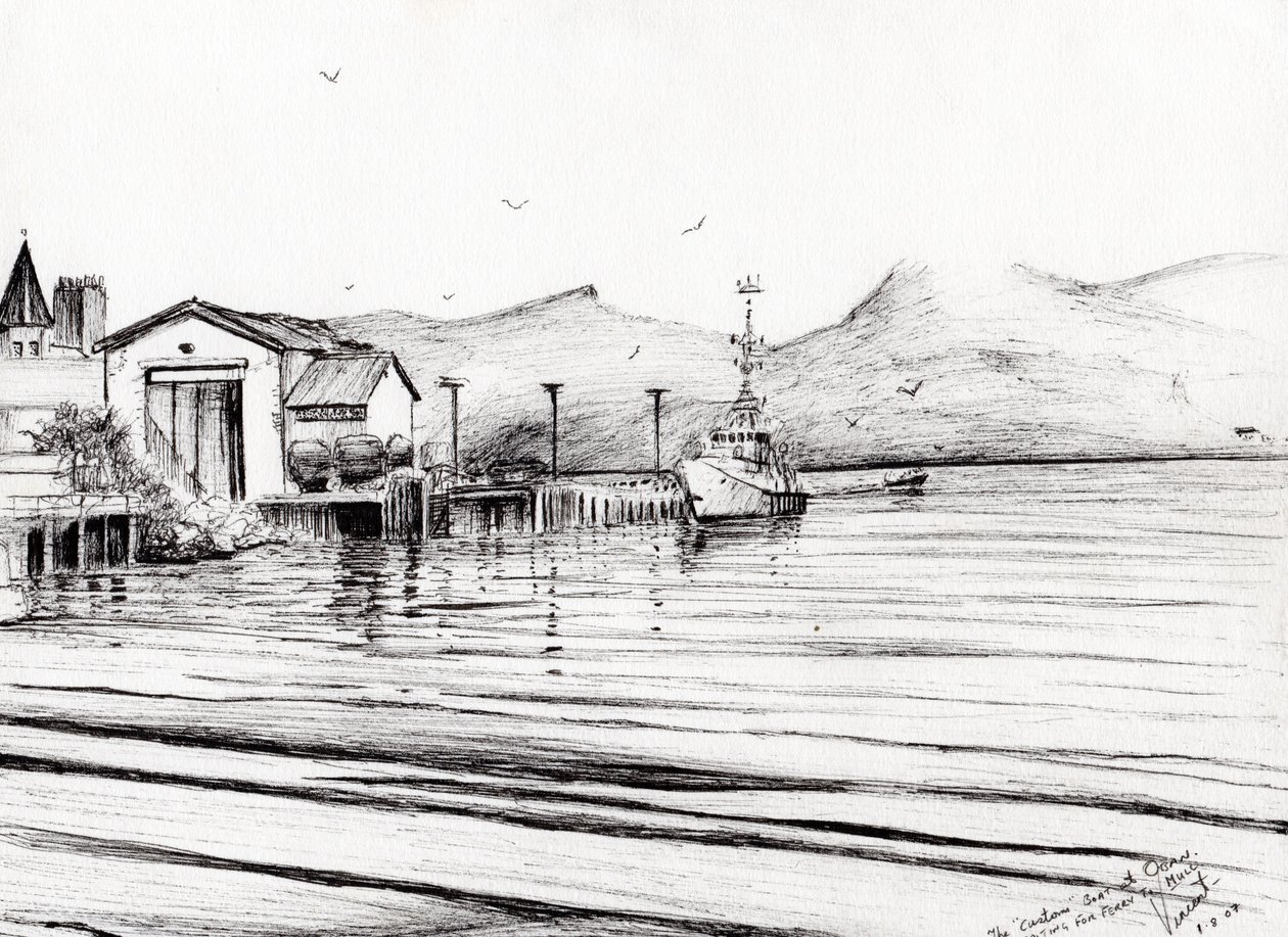 Toldbåd i Oban, 2007, (blæk på papir) af Vincent Alexander Booth