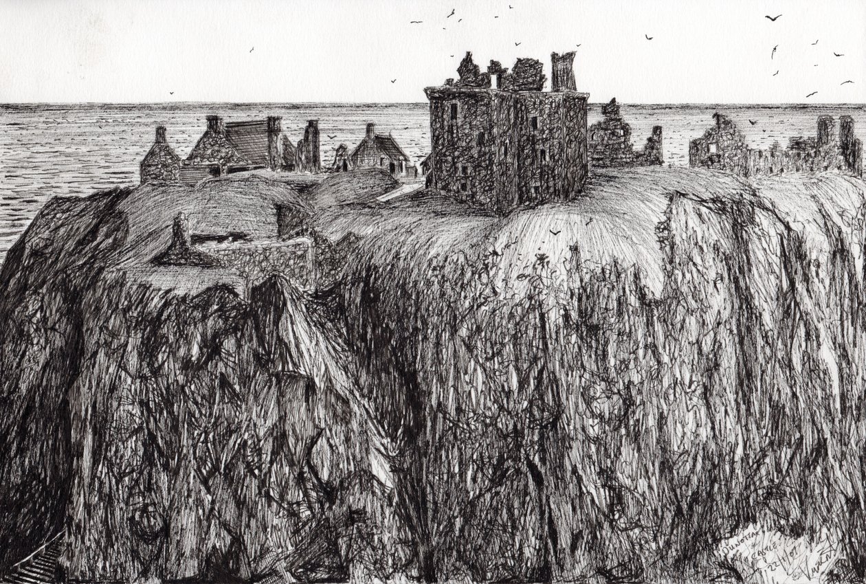 Dunnottar Castle, 2007, (blæk på papir) af Vincent Alexander Booth