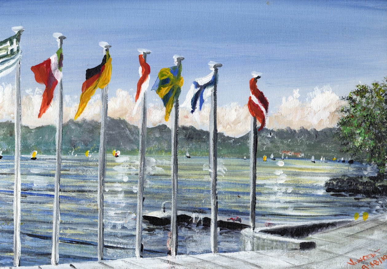 Flag på Lac Leman, 2010, (akryl på lærredstavle) af Vincent Alexander Booth