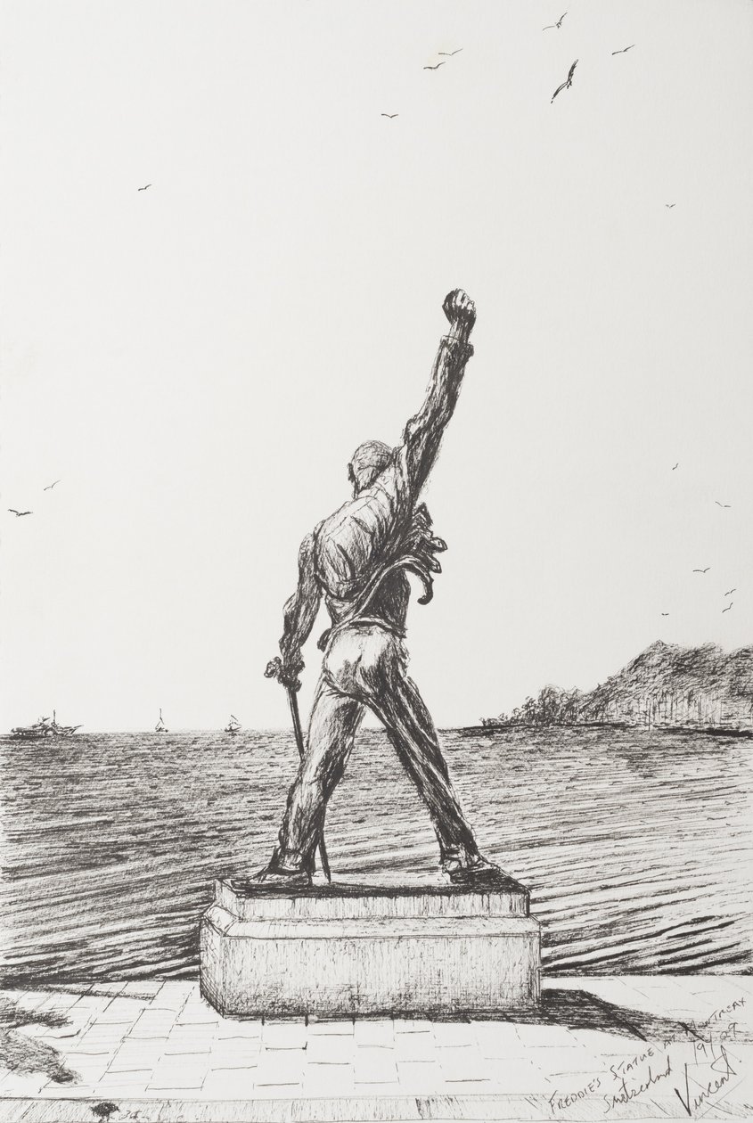 Freddie Mercury Statue Montreux Schweiz, 2009, (Blæk på papir) af Vincent Alexander Booth