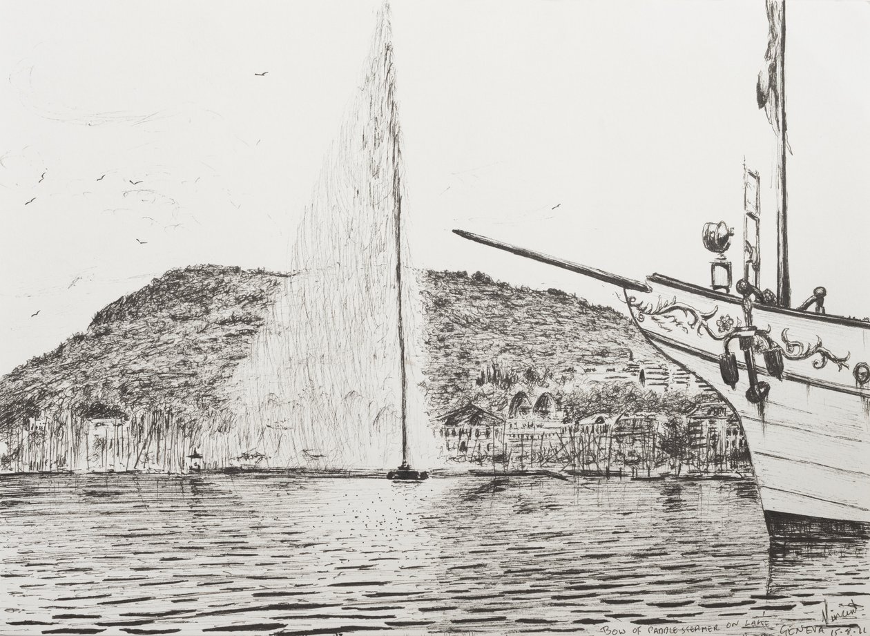 Springvand fra Genève og stævnen af en lystbåd, 2011, (Blæk på papir) af Vincent Alexander Booth