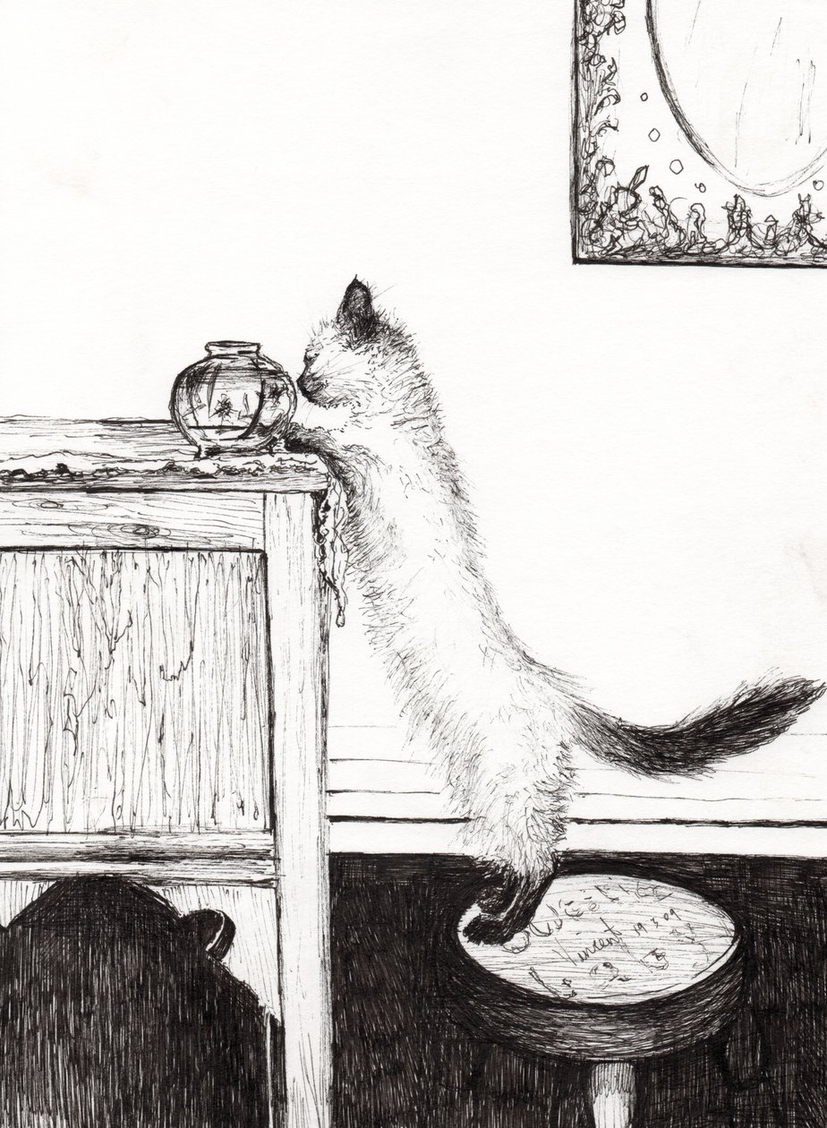 Puslespil med guldfiskeskål, 2009, (blæk på papir) af Vincent Alexander Booth