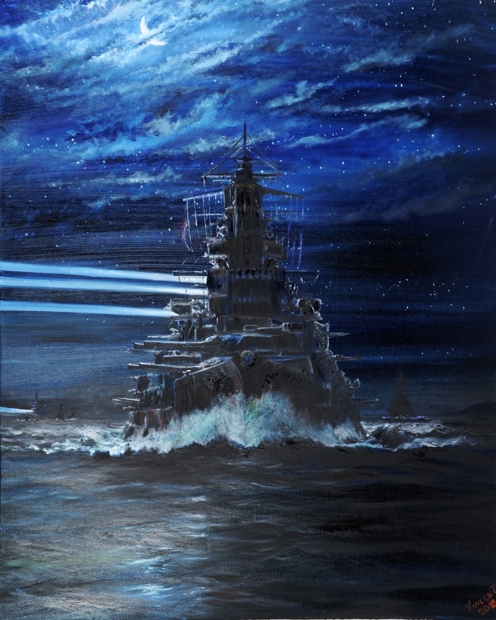 IJN Hiei og Akatsuki lyser op i USS Atlanta, Guadalcanal 1942, 2018, af Vincent Alexander Booth