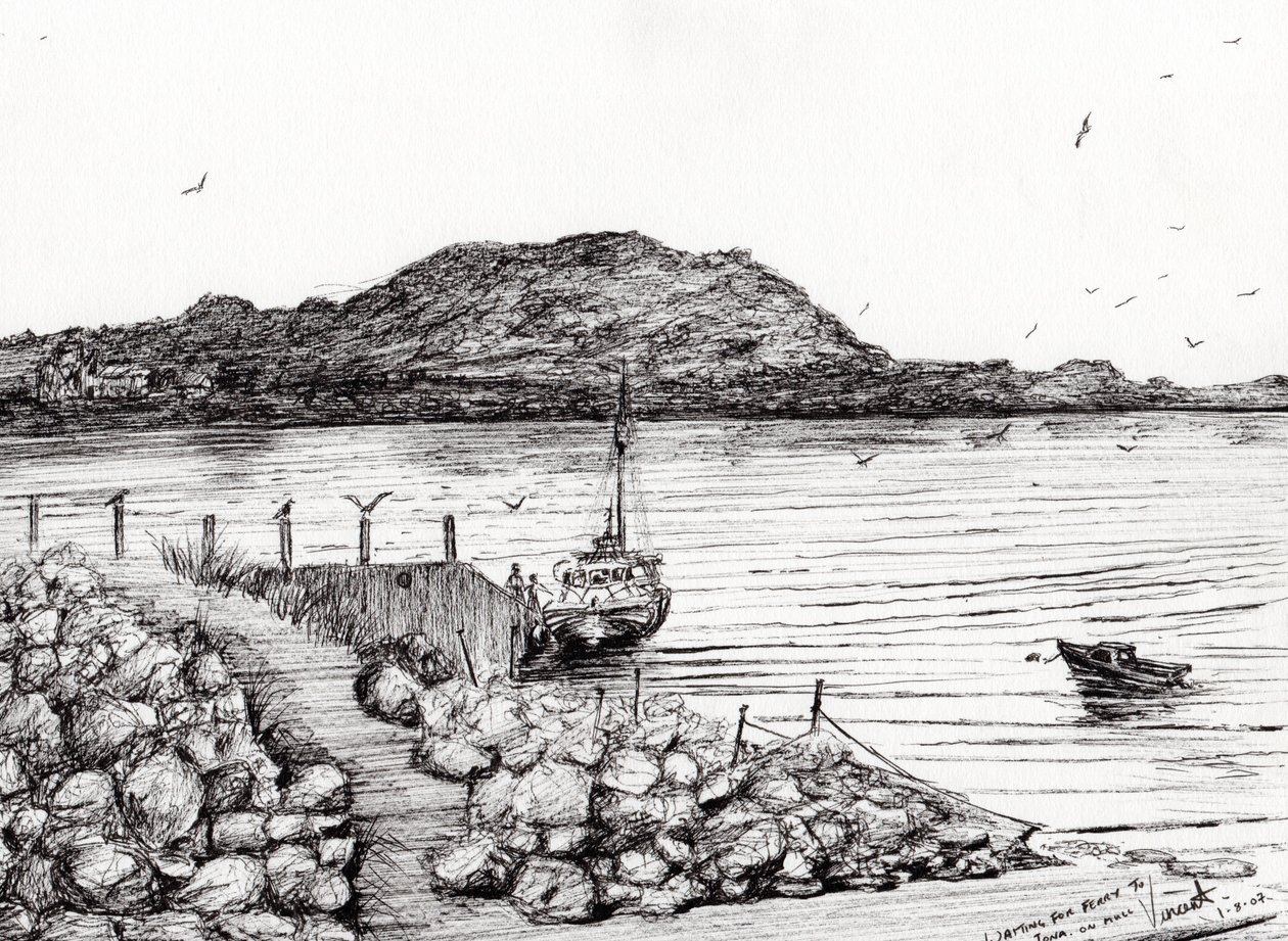 Iona fra Mull Scotland, 2007, (blæk på papir) af Vincent Alexander Booth