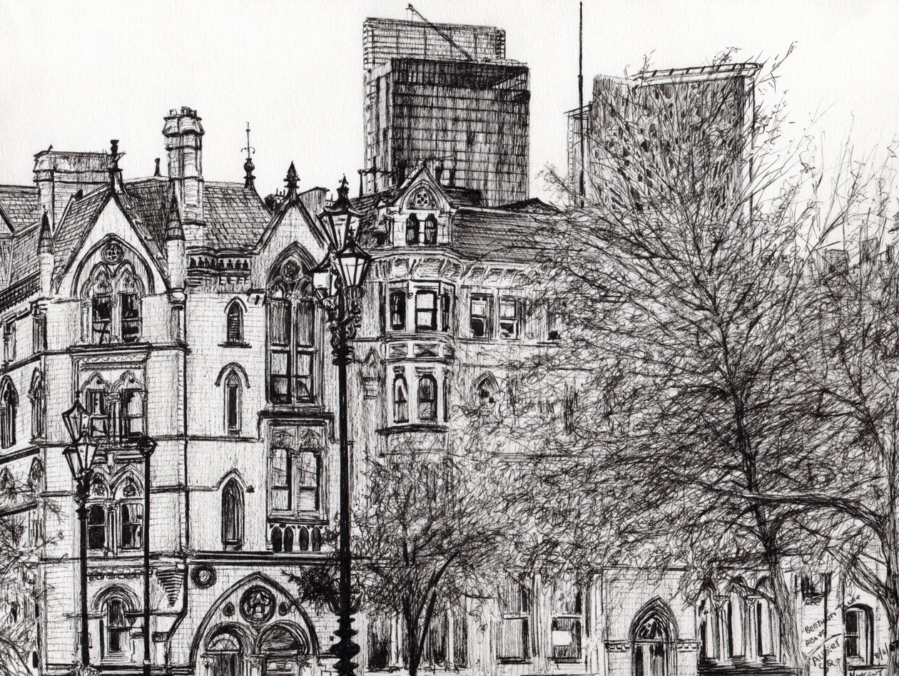 Manchester Beetham tower, 2007, (blæk på papir) af Vincent Alexander Booth