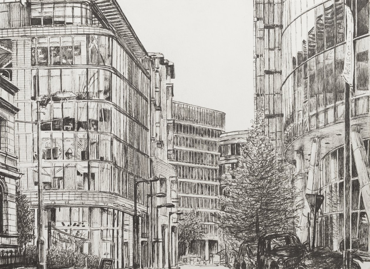 Manchester, Deansgate, udsigt fra cafe, 2010, (blæk på papir) af Vincent Alexander Booth