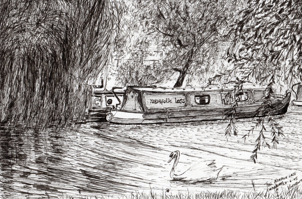 Smalle både Cambridge, 2005, (blæk på papir) af Vincent Alexander Booth