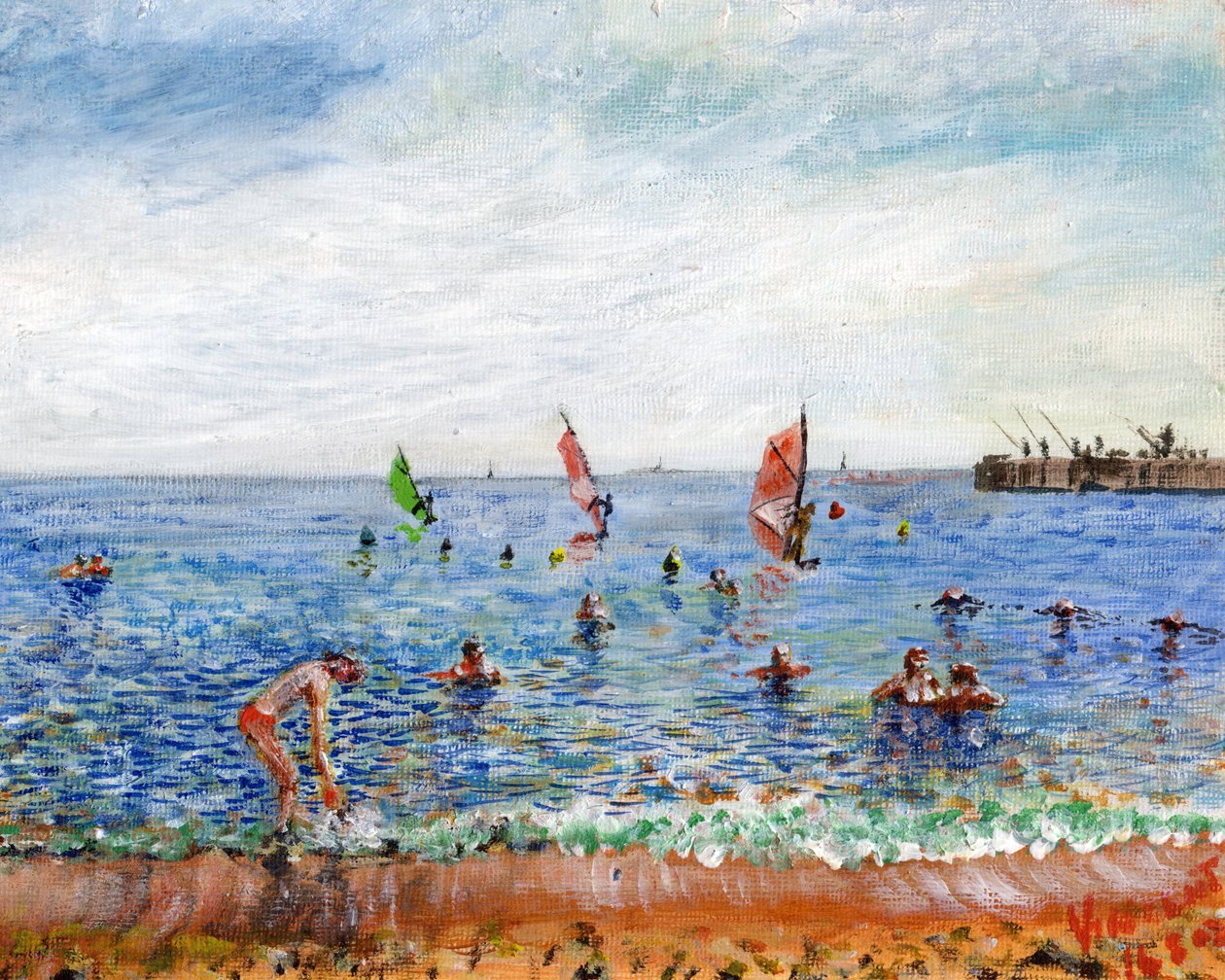 Poblenou Beach Barcelona, 2002, (akryl på lærredstavle) af Vincent Alexander Booth