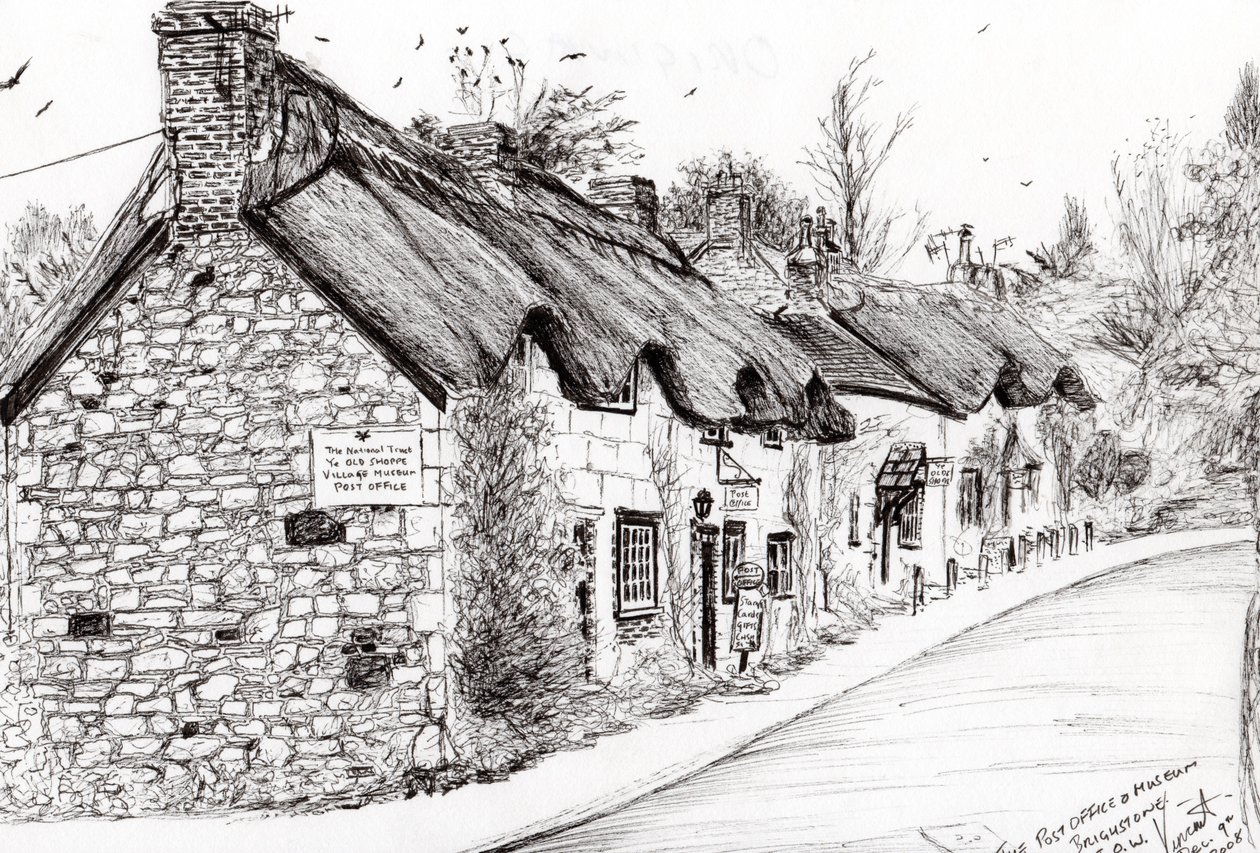 Posthus og museum Brighstone I.O.W., 2008, (blæk på papir) af Vincent Alexander Booth