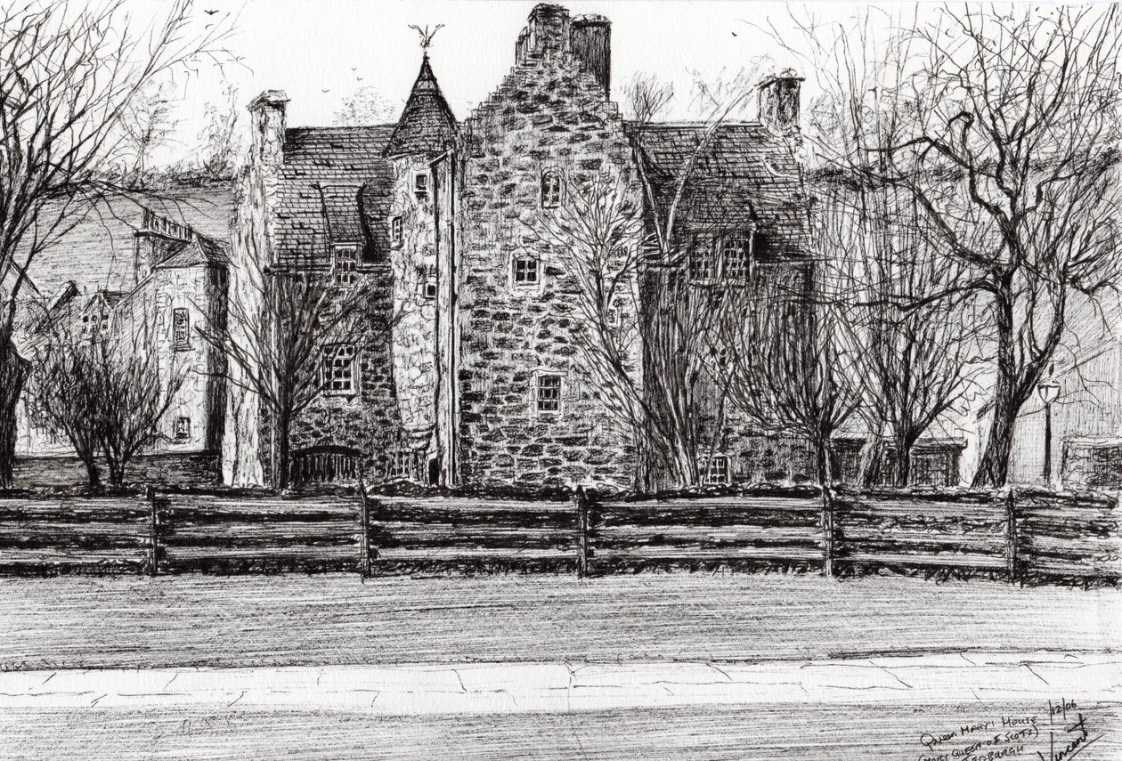 Queen Marys hus Jedburgh, 2006, (blæk på papir) af Vincent Alexander Booth