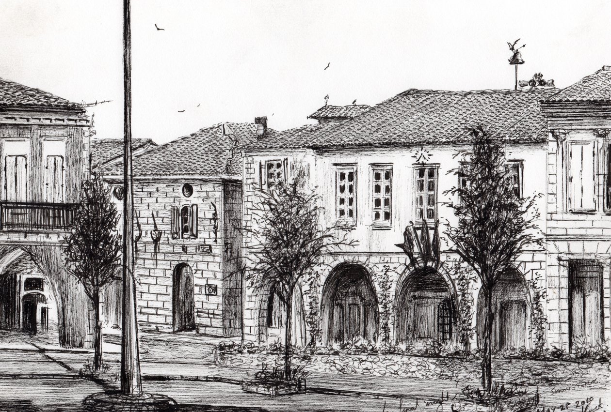Sauveterre Town Frankrig, 2010, (blæk på papir) af Vincent Alexander Booth