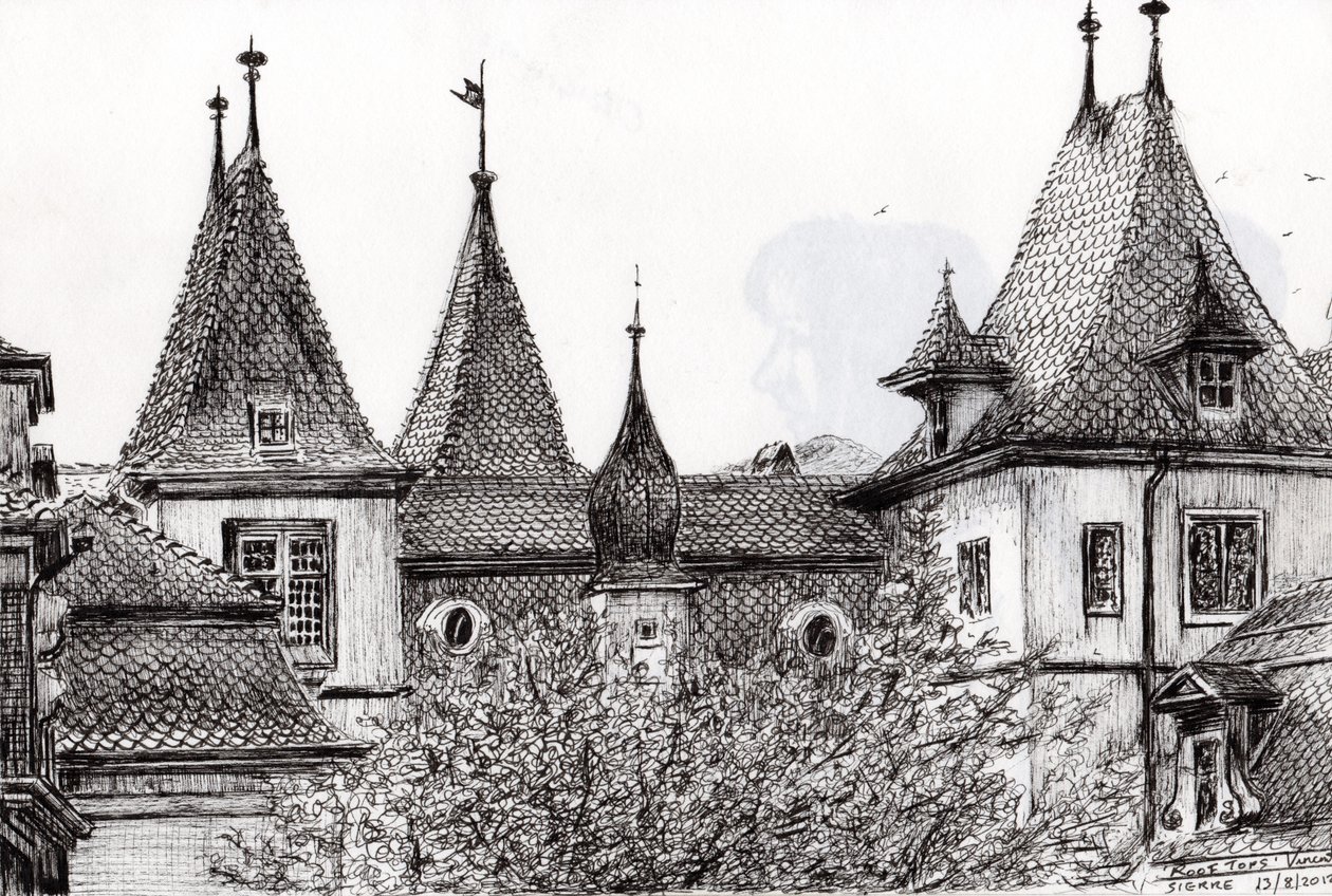 Sierre Rooftops Schweiz, 2012, (Blæk på papir) af Vincent Alexander Booth