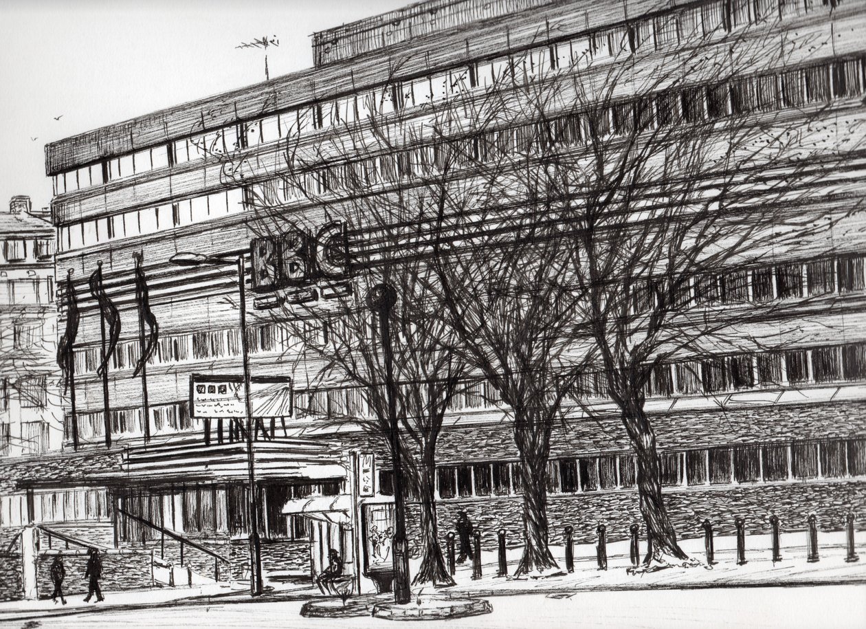 The Old BBC Oxford road Manchester, 2011, (blæk på papir) af Vincent Alexander Booth
